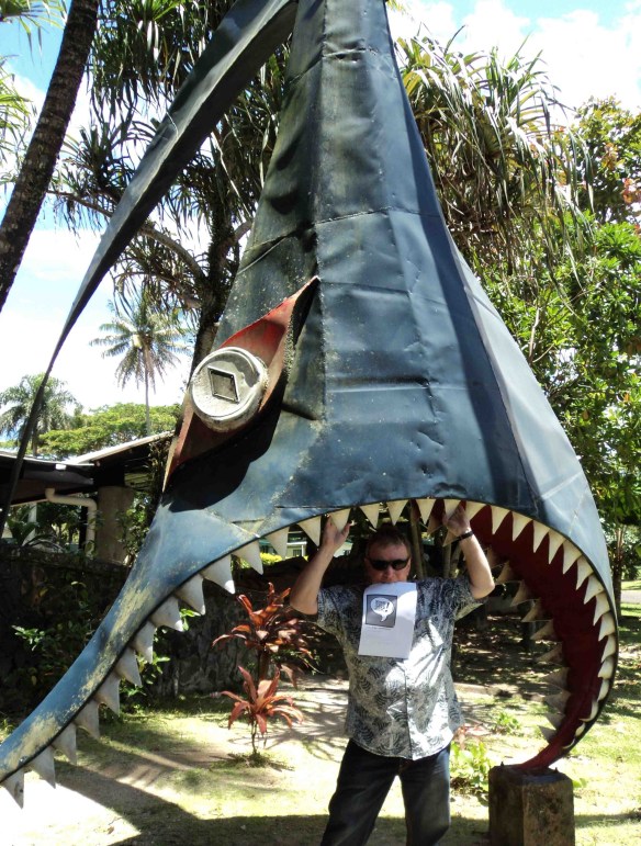 Doctor Comics in  shark jaws at the University of the South Pacific. (Photo by Louise Graber)