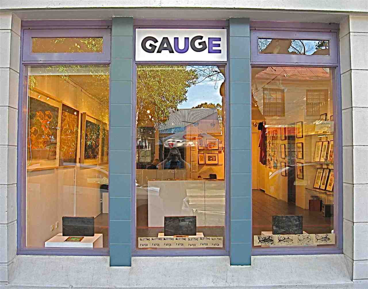 Looking through the GAUGE Gallery window at the Blotting Paper exhibition. (Photo-© 2013 Michael Hill)