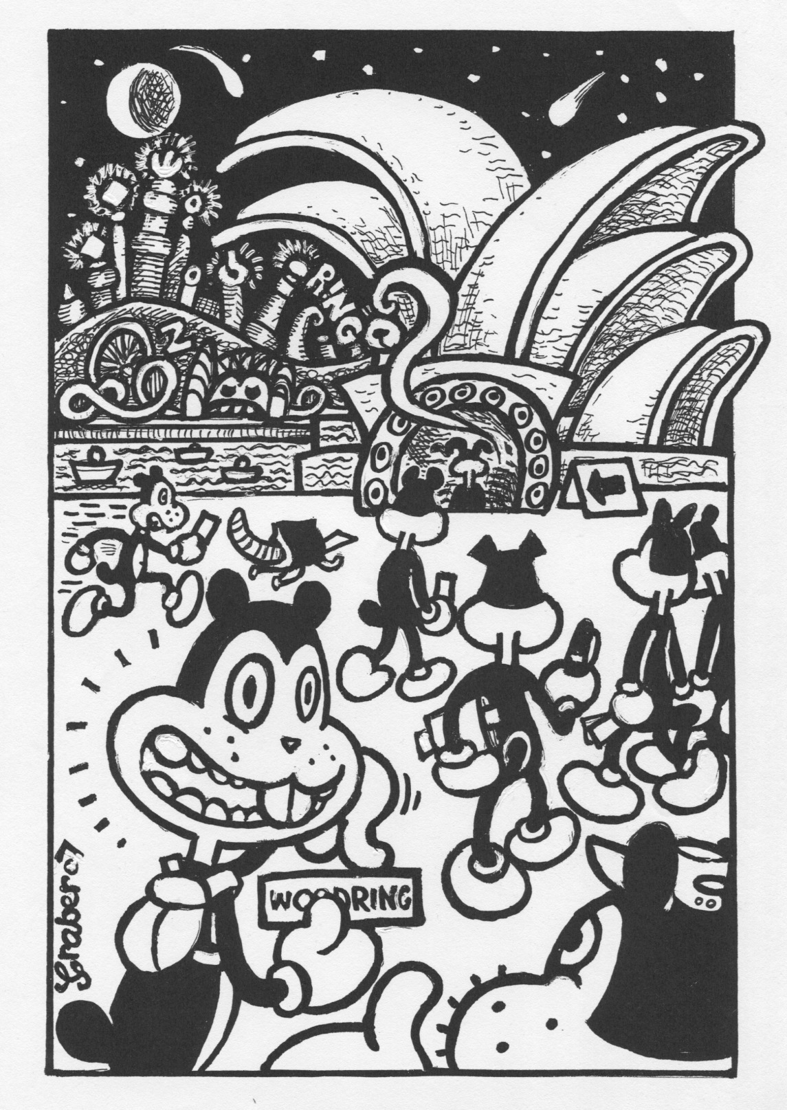 Woodring at the Sydney Opera House homage cartoon by Louise Graber.