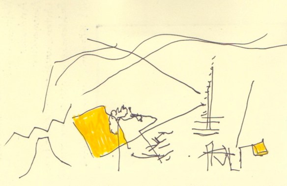 Ink drawing#7: Object landscape, with uni pin 0.8 Fine Line plus Montana acrylic paint marker 2mm Shock Yellow for October 13th (© 2014 Michael Hill)