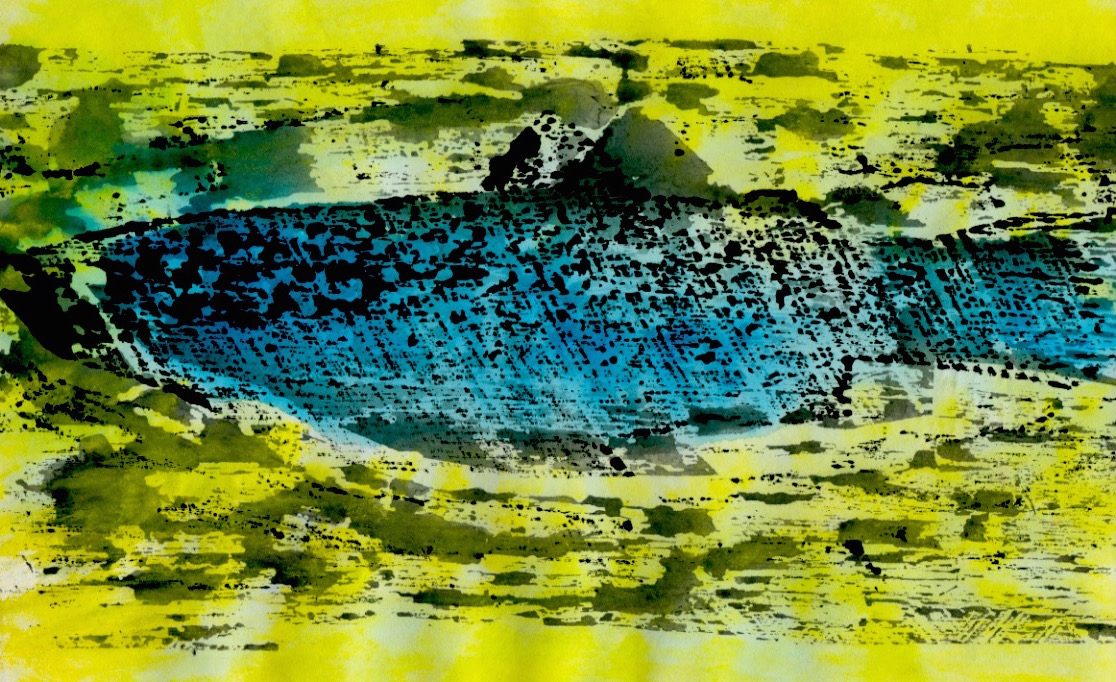 A woodblock print with overlaid hand-colouring for the animated film Toxic Fish-© 1990 Michael Hill.