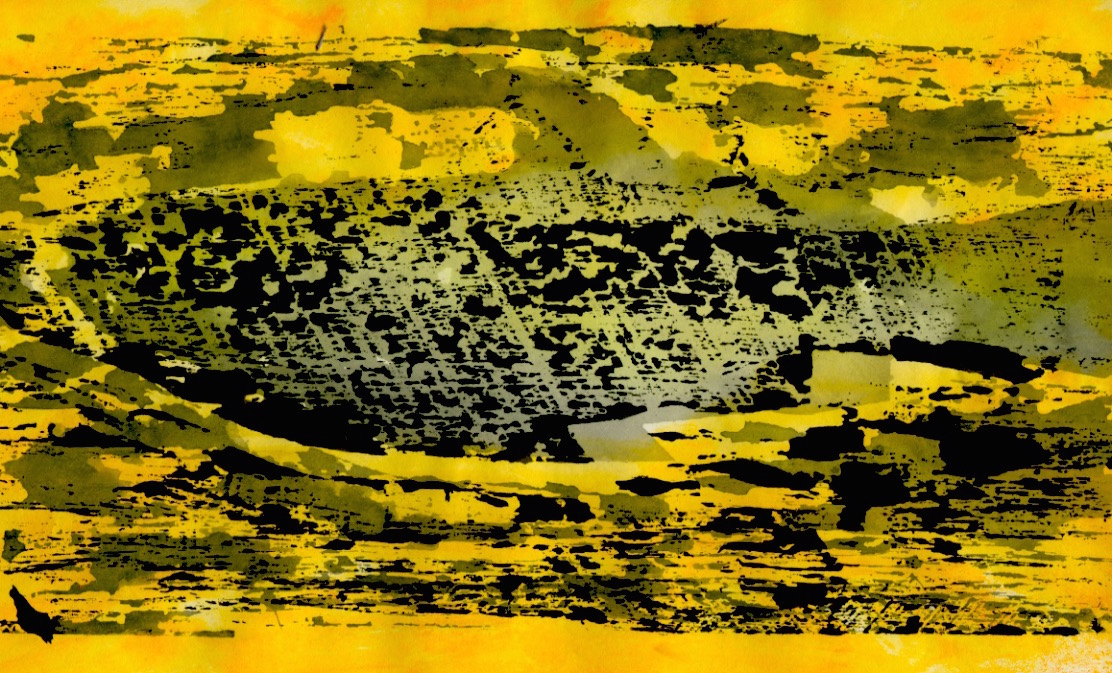 A woodblock print with overlaid hand-colouring for the animated film Toxic Fish-© 1990 Michael Hill.