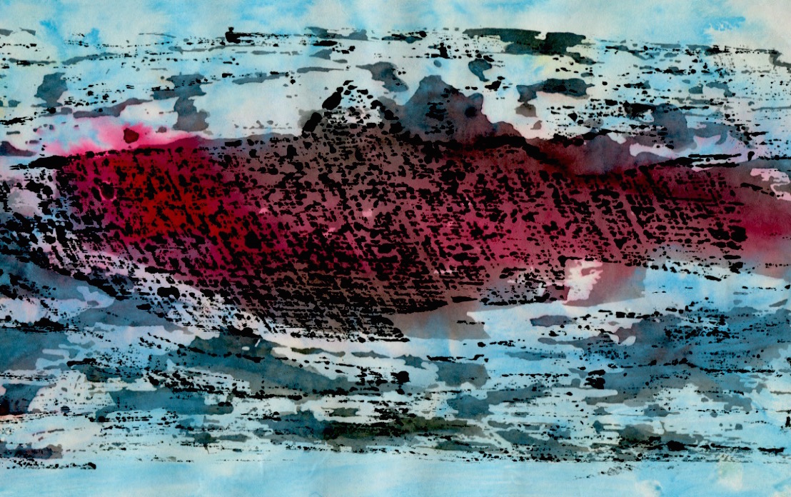 A woodblock print with overlaid hand-colouring for the animated film Toxic Fish-© 1990 Michael Hill.