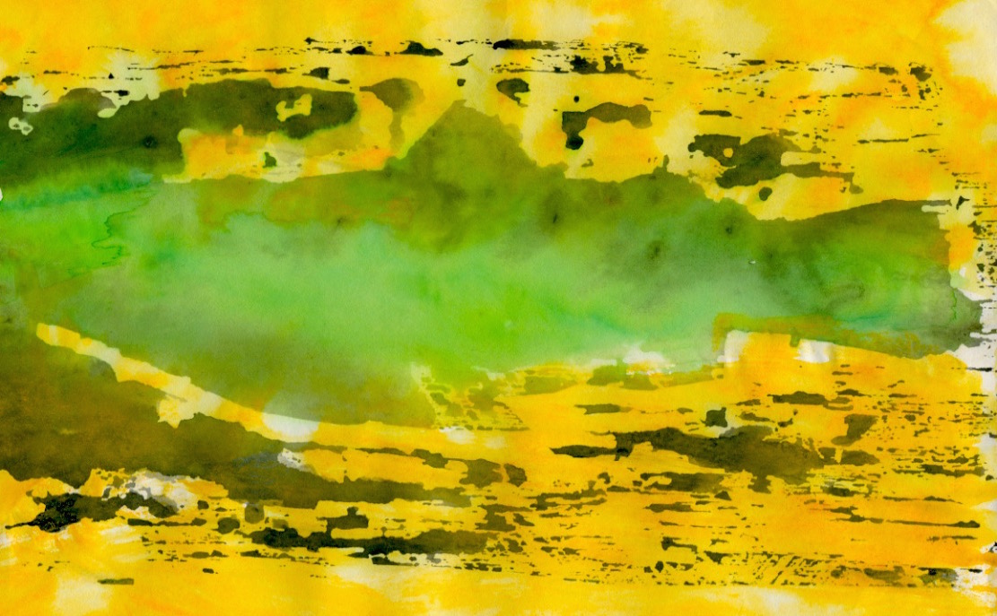 A woodblock print with overlaid hand-colouring for the animated film Toxic Fish-© 1990 Michael Hill.