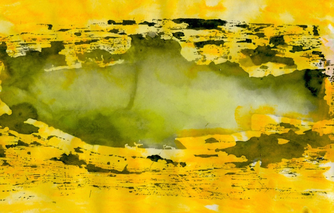 A woodblock print with overlaid hand-colouring for the animated film Toxic Fish-© 1990 Michael Hill.