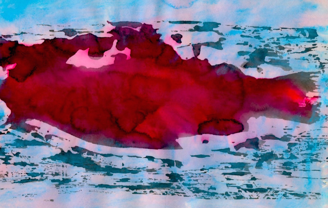 A woodblock print with overlaid hand-colouring for the animated film Toxic Fish-© 1990 Michael Hill.