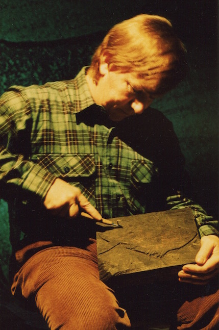 Hand carving one of the woodblocks for the animated film Toxic Fish-Photograph © 1990 Demetra Christopher.